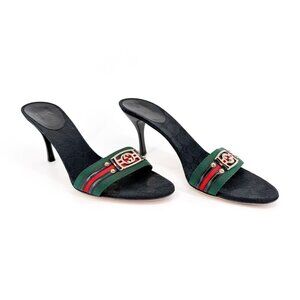 Gucci GG Interlock Web Stripe Mule Sandal Heels Black Monogram Fabric Size 8